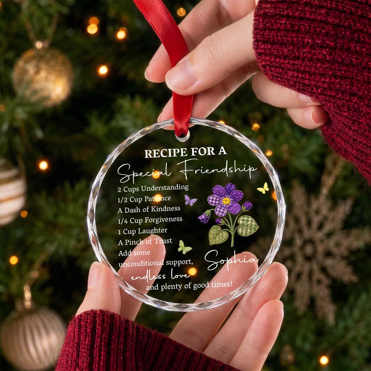 Personalized Special Friendship Purple Flower Glass Ornament
