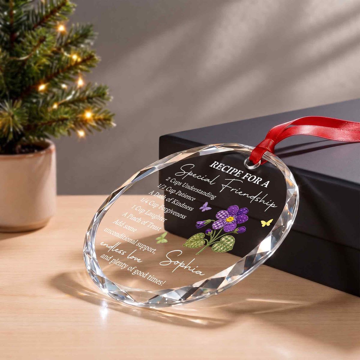 Personalized Special Friendship Purple Flower Glass Ornament