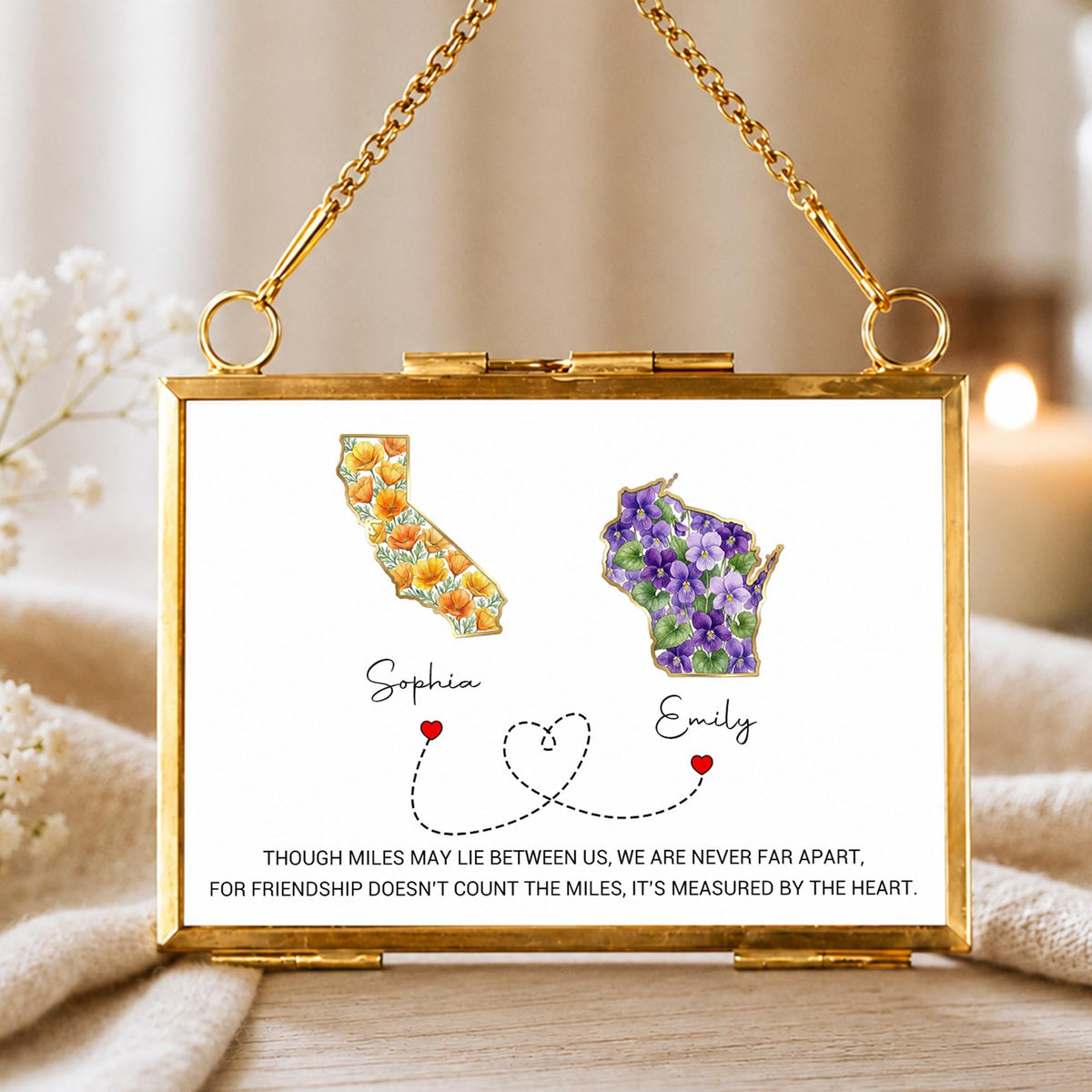 Though Miles May Lie Between Us, Floral State Maps Long Distance Friendship - Personalized Metal Frame Ornament - BST748_GOFRO