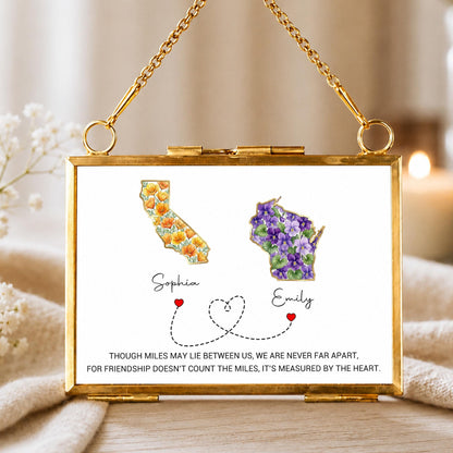 Though Miles May Lie Between Us, Floral State Maps Long Distance Friendship - Personalized Metal Frame Ornament - BST748_GOFRO