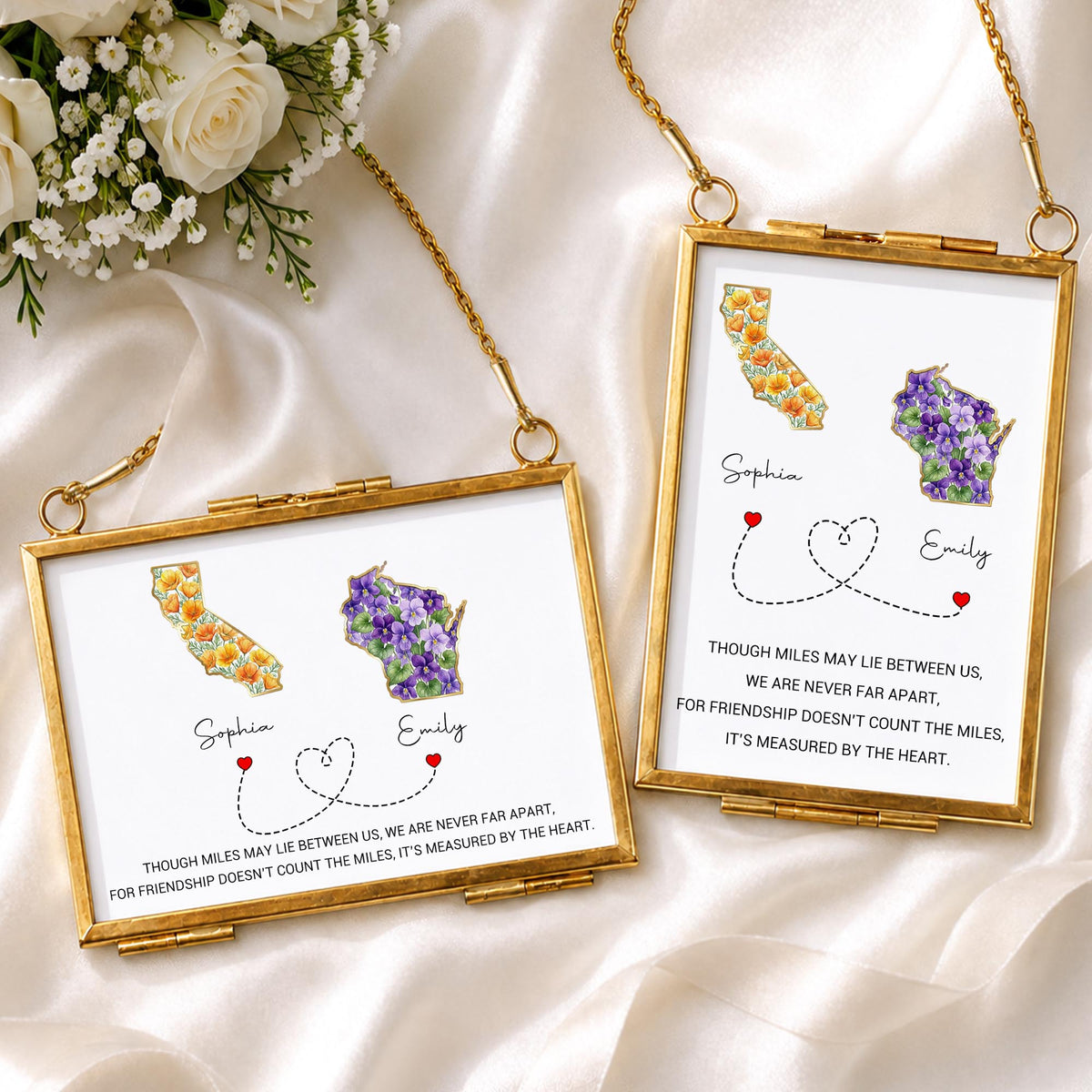 Though Miles May Lie Between Us, Floral State Maps Long Distance Friendship - Personalized Metal Frame Ornament - BST748_GOFRO