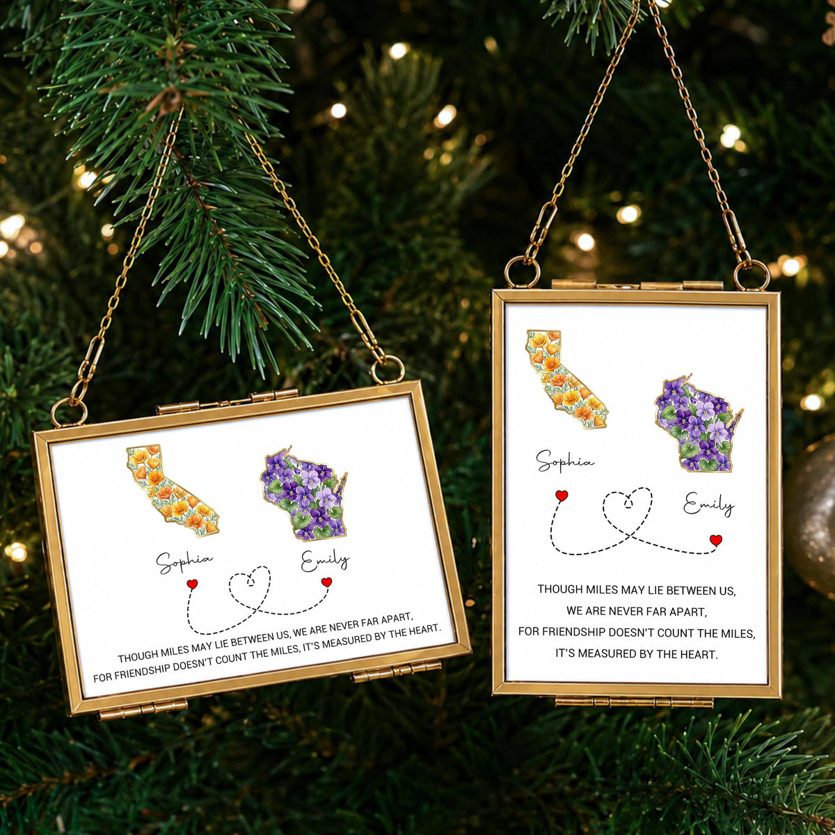 Though Miles May Lie Between Us, Floral State Maps Long Distance Friendship - Personalized Metal Frame Ornament - BST748_GOFRO