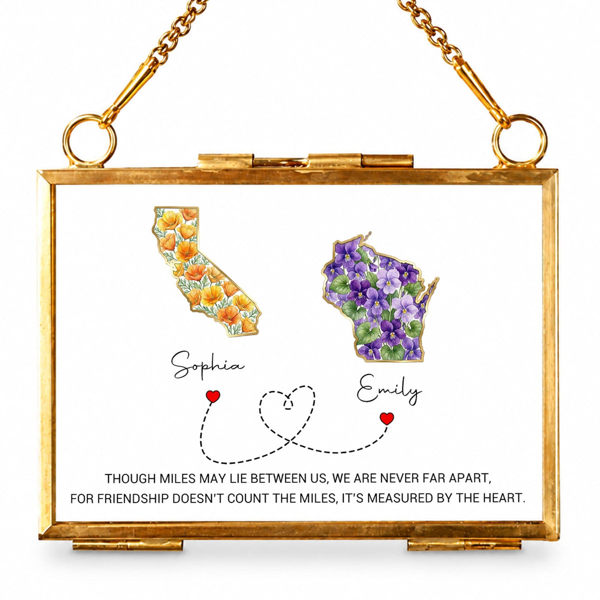 Though Miles May Lie Between Us, Floral State Maps Long Distance Friendship - Personalized Metal Frame Ornament - BST748_GOFRO