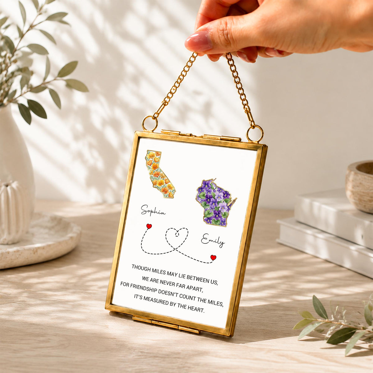 Though Miles May Lie Between Us, Floral State Maps Long Distance Friendship - Personalized Metal Frame Ornament - BST748_GOFRO