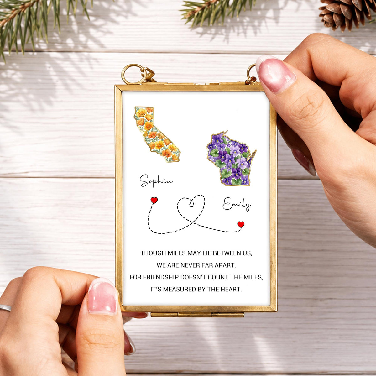 Though Miles May Lie Between Us, Floral State Maps Long Distance Friendship - Personalized Metal Frame Ornament - BST748_GOFRO