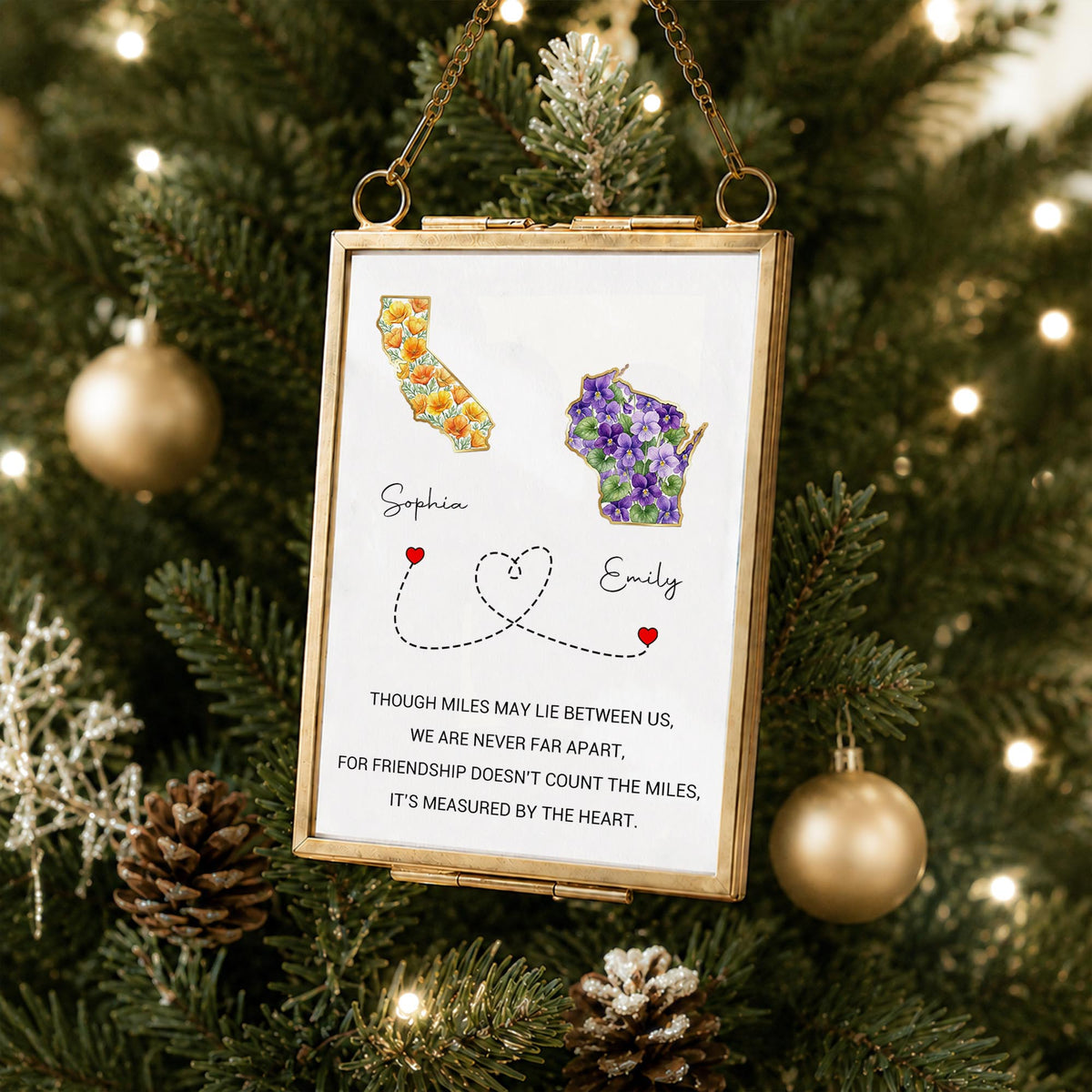 Though Miles May Lie Between Us, Floral State Maps Long Distance Friendship - Personalized Metal Frame Ornament - BST748_GOFRO