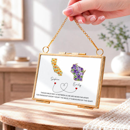 Though Miles May Lie Between Us, Floral State Maps Long Distance Friendship - Personalized Metal Frame Ornament - BST748_GOFRO