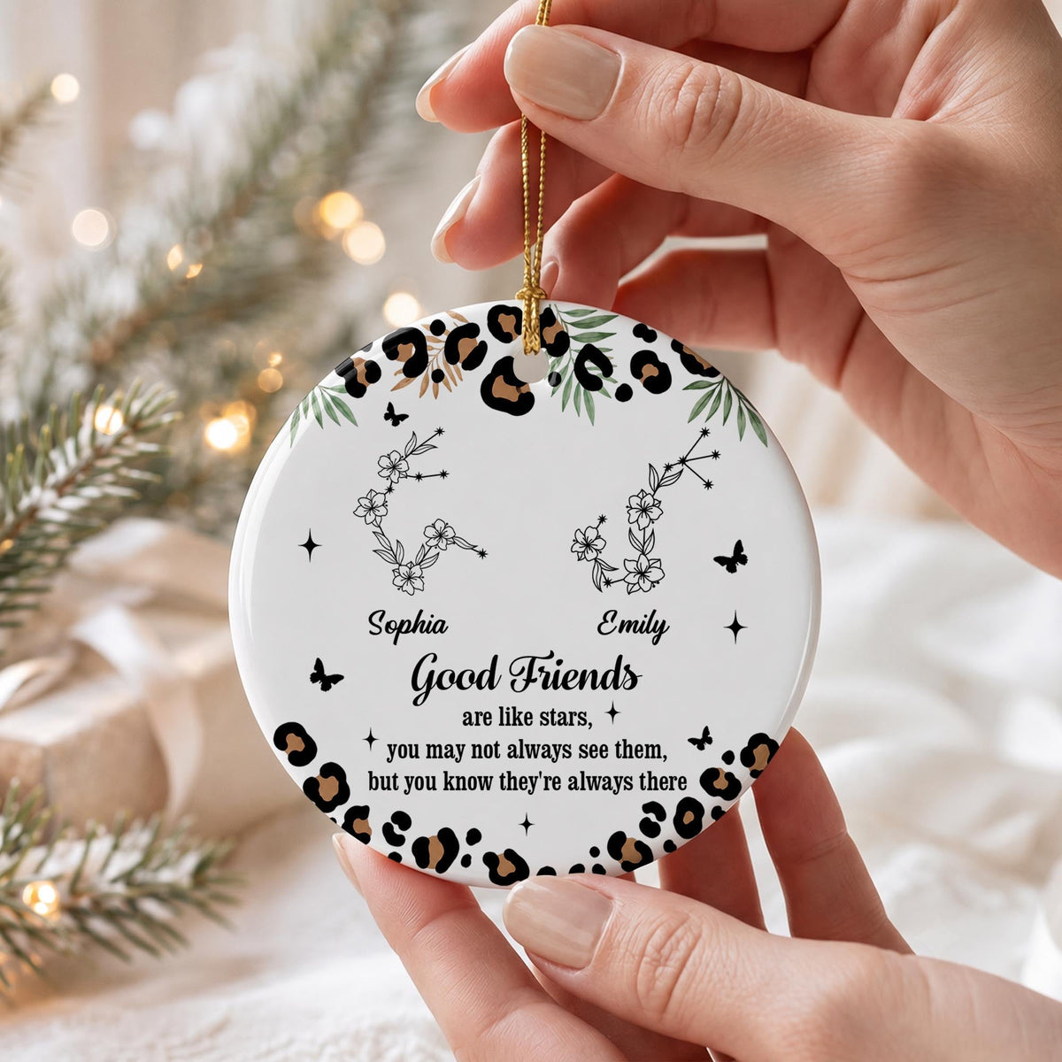 Good Friends Are Like Stars With Leopard Pattern And Zodiac Flowers - Personalized Custom Ceramic Ornament With Round Shape - BST914_RCE