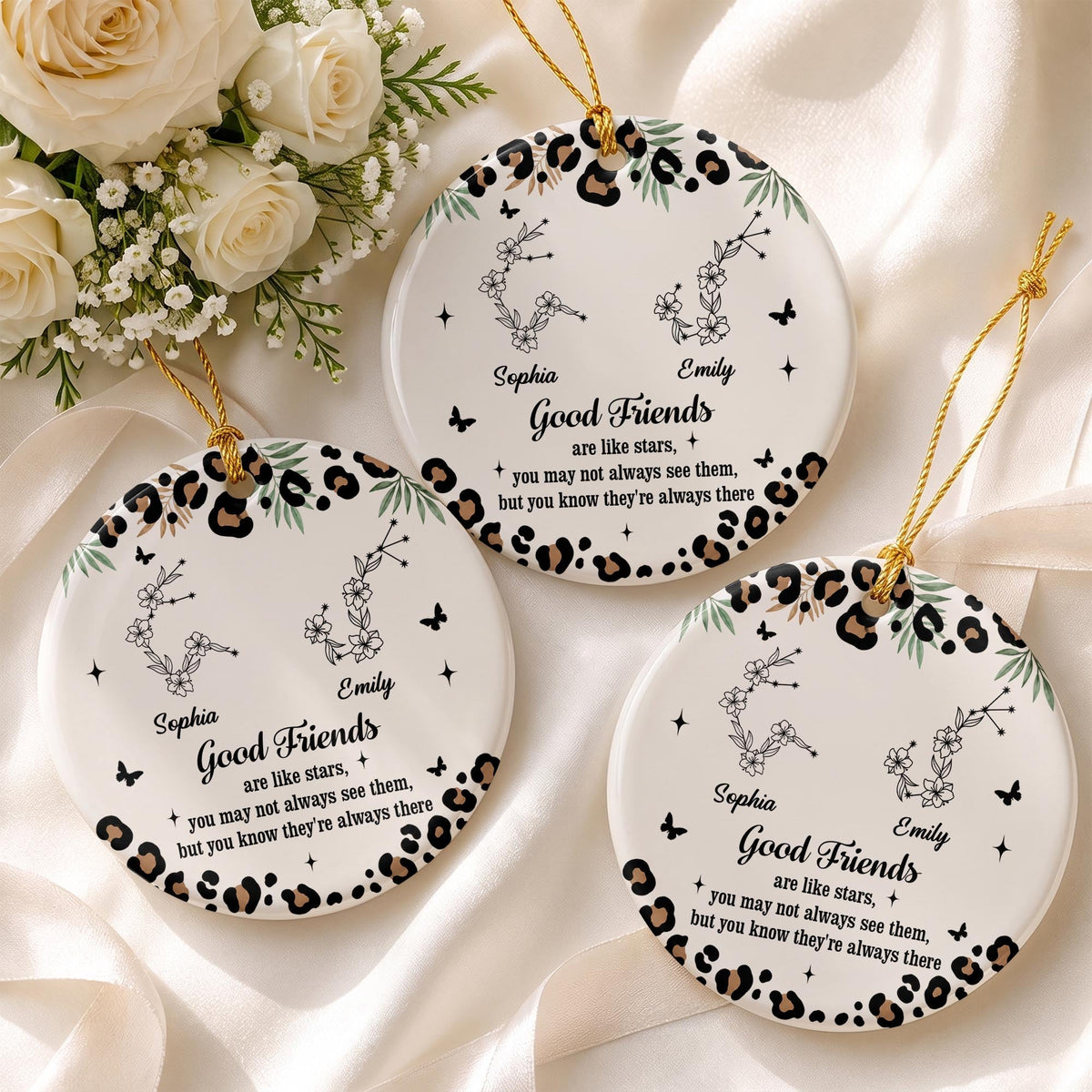 Good Friends Are Like Stars With Leopard Pattern And Zodiac Flowers - Personalized Custom Ceramic Ornament With Round Shape - BST914_RCE