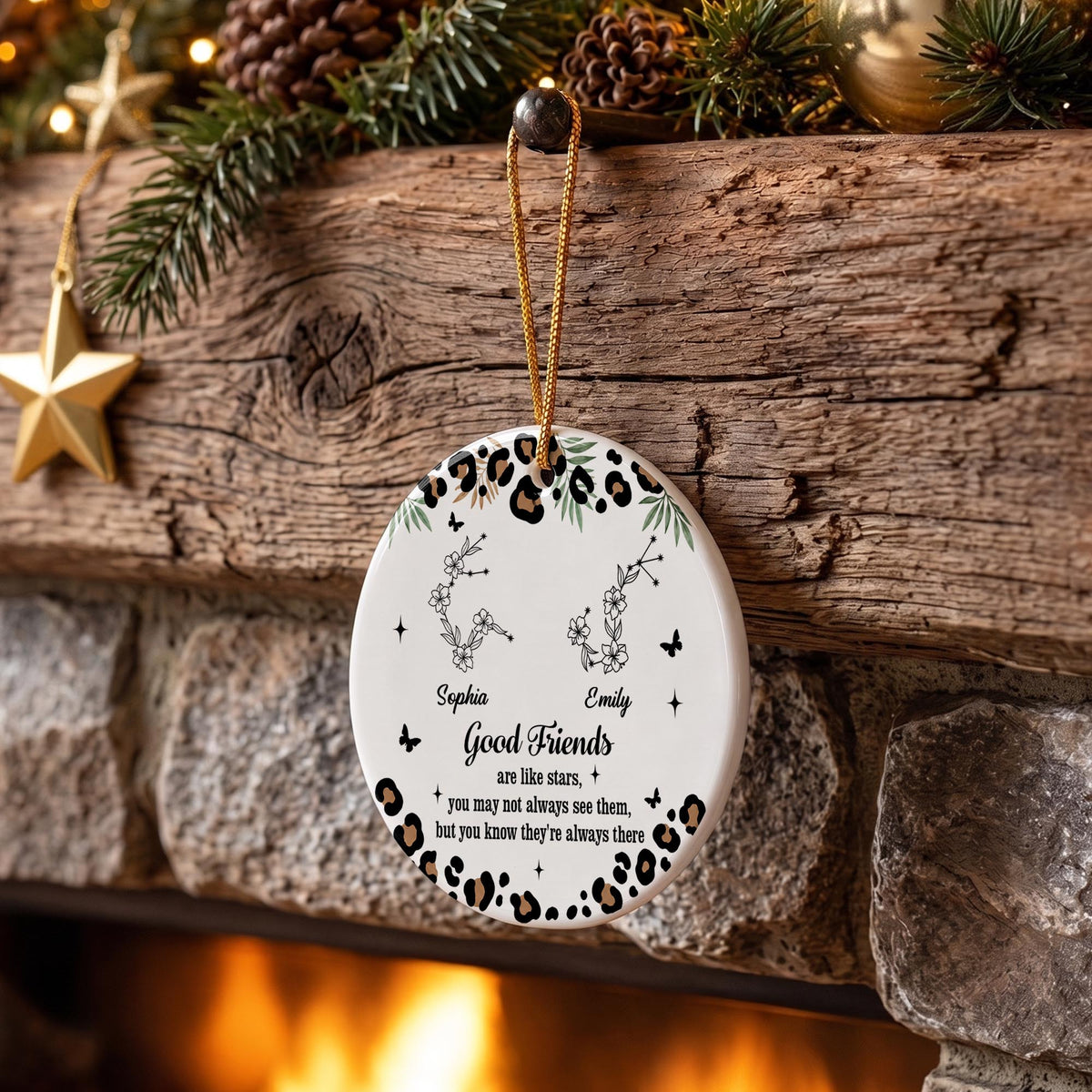 Good Friends Are Like Stars With Leopard Pattern And Zodiac Flowers - Personalized Custom Ceramic Ornament With Round Shape - BST914_RCE