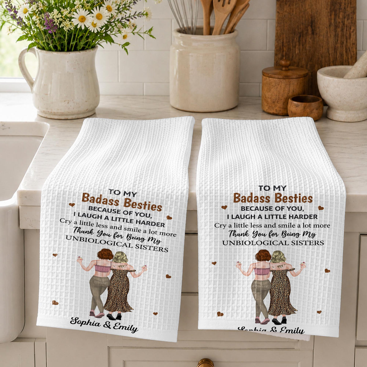 To My Badass Besties Unbiological Sisters Hugging With Hearts - Personalized Kitchen Towel - BST936_TOWL
