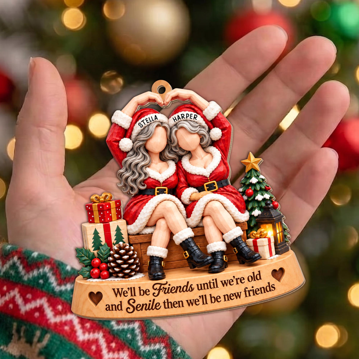 We'll Be Friends Until We're Old, Christmas Bestie With Santa Outfits - Personalized Custom Wood Ornament, Custom Shaped - BST947_WDO