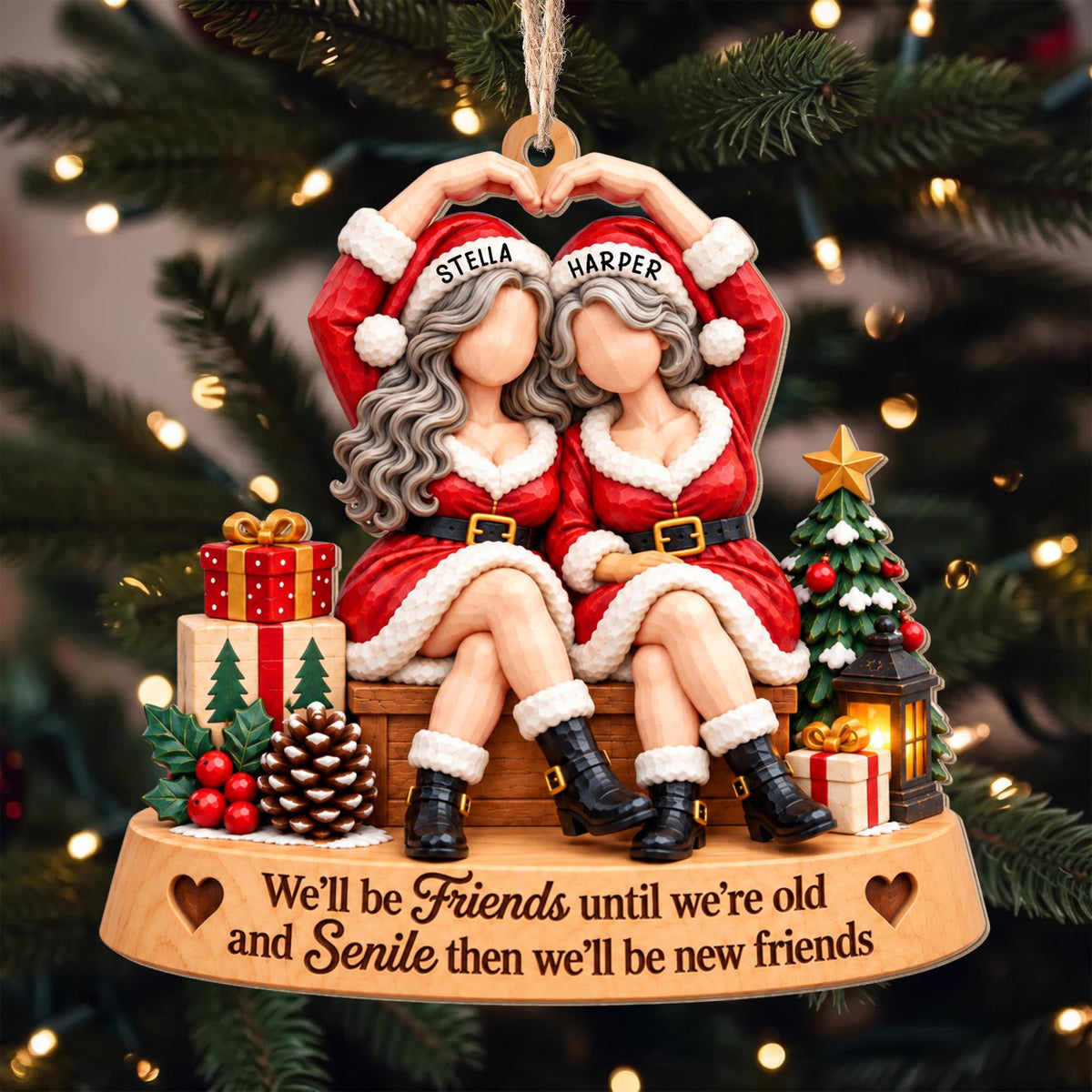 We'll Be Friends Until We're Old, Christmas Bestie With Santa Outfits - Personalized Custom Wood Ornament, Custom Shaped - BST947_WDO