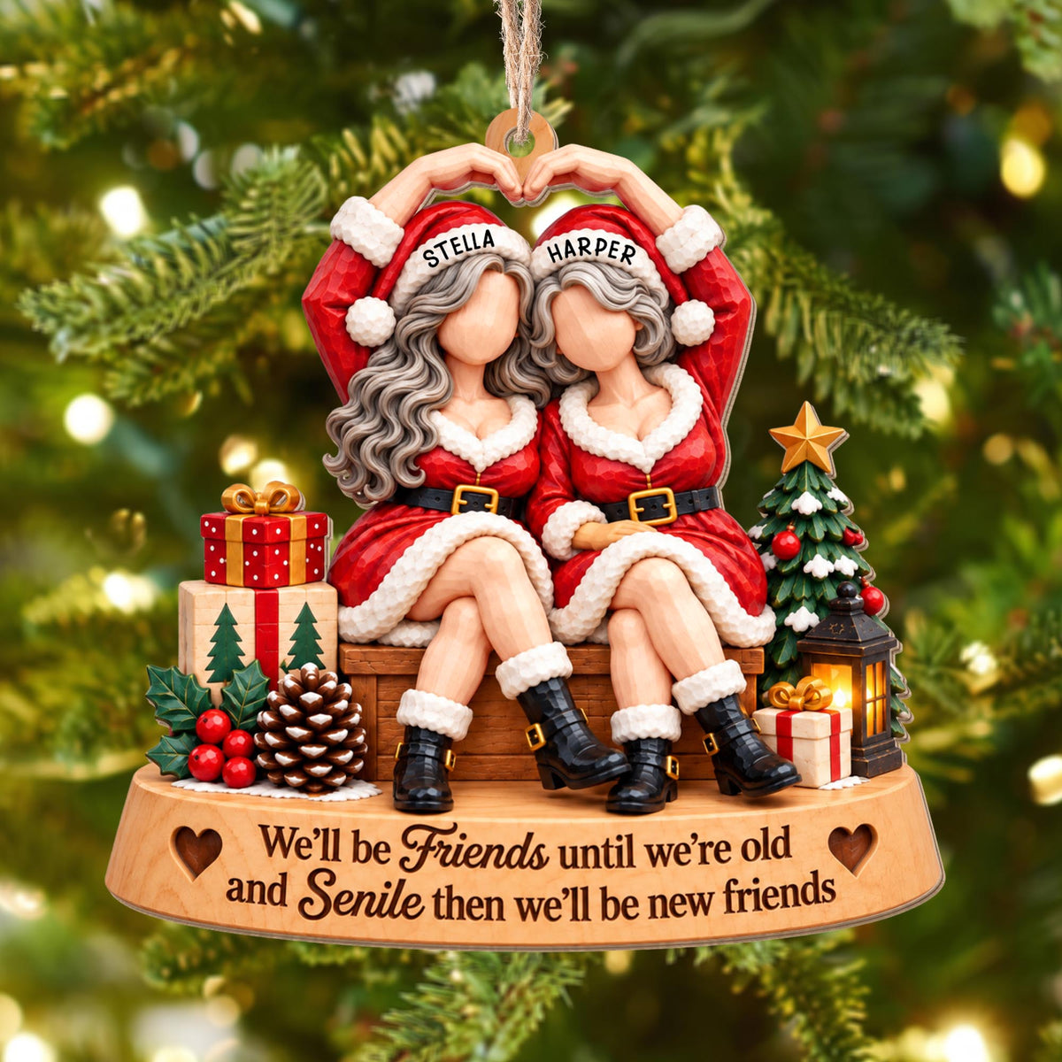 We'll Be Friends Until We're Old, Christmas Bestie With Santa Outfits - Personalized Custom Wood Ornament, Custom Shaped - BST947_WDO
