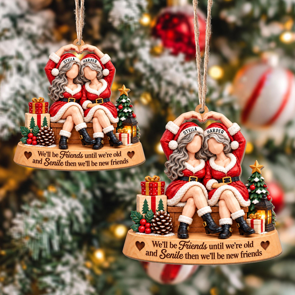 We'll Be Friends Until We're Old, Christmas Bestie With Santa Outfits - Personalized Custom Wood Ornament, Custom Shaped - BST947_WDO