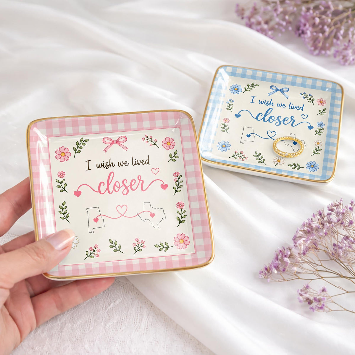 Personalized I Wish We Lived Closer Flowers and Map State Jewelry Dish