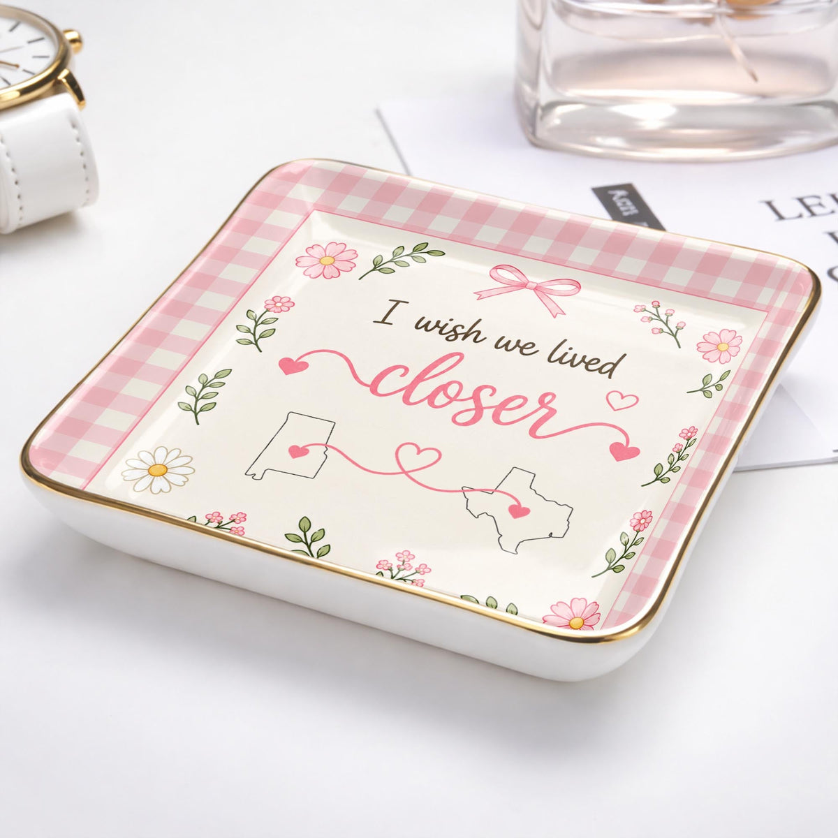 Personalized I Wish We Lived Closer Flowers and Map State Jewelry Dish