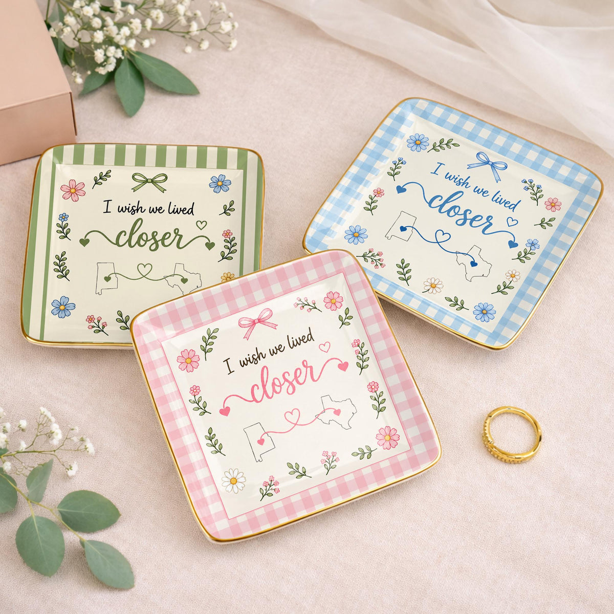 Personalized I Wish We Lived Closer Flowers and Map State Jewelry Dish