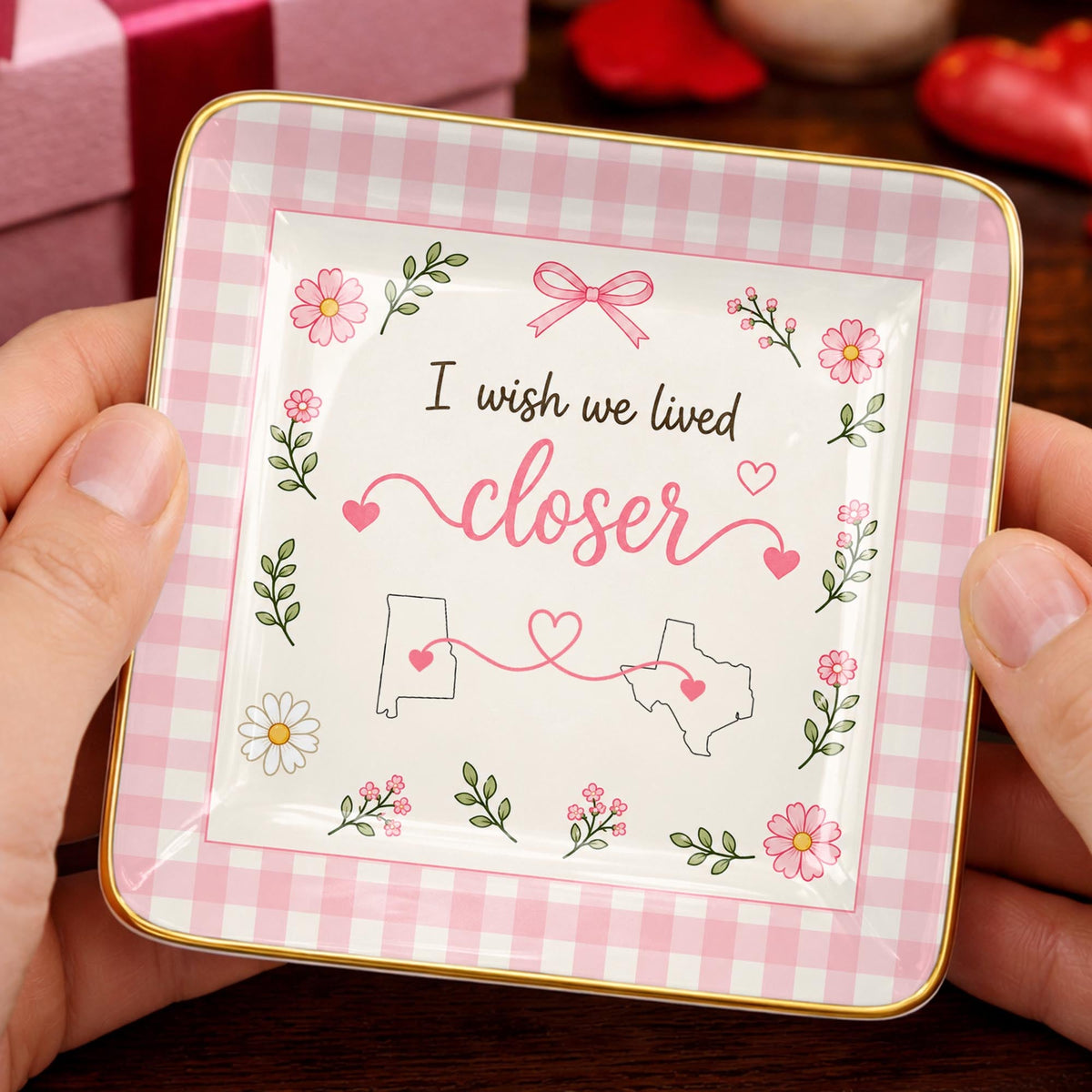 Personalized I Wish We Lived Closer Flowers and Map State Jewelry Dish