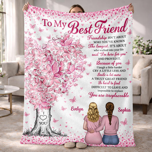 To My Best Friend Irreplaceable Butterfly Tree Two Girls Personalized Blanket - Personalized Custom Blanket - BST958_BLK