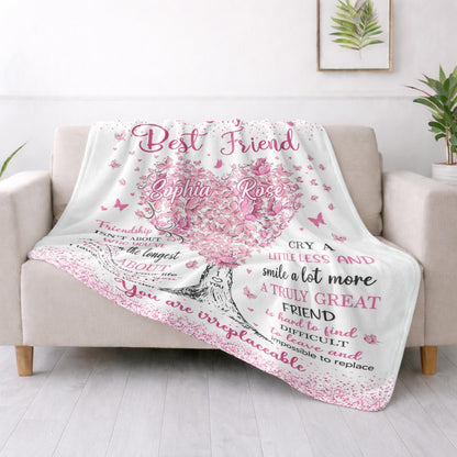 To My Best Friend Irreplaceable Pink Butterfly Heart Tree - Personalized Custom Blanket - BST965_BLK