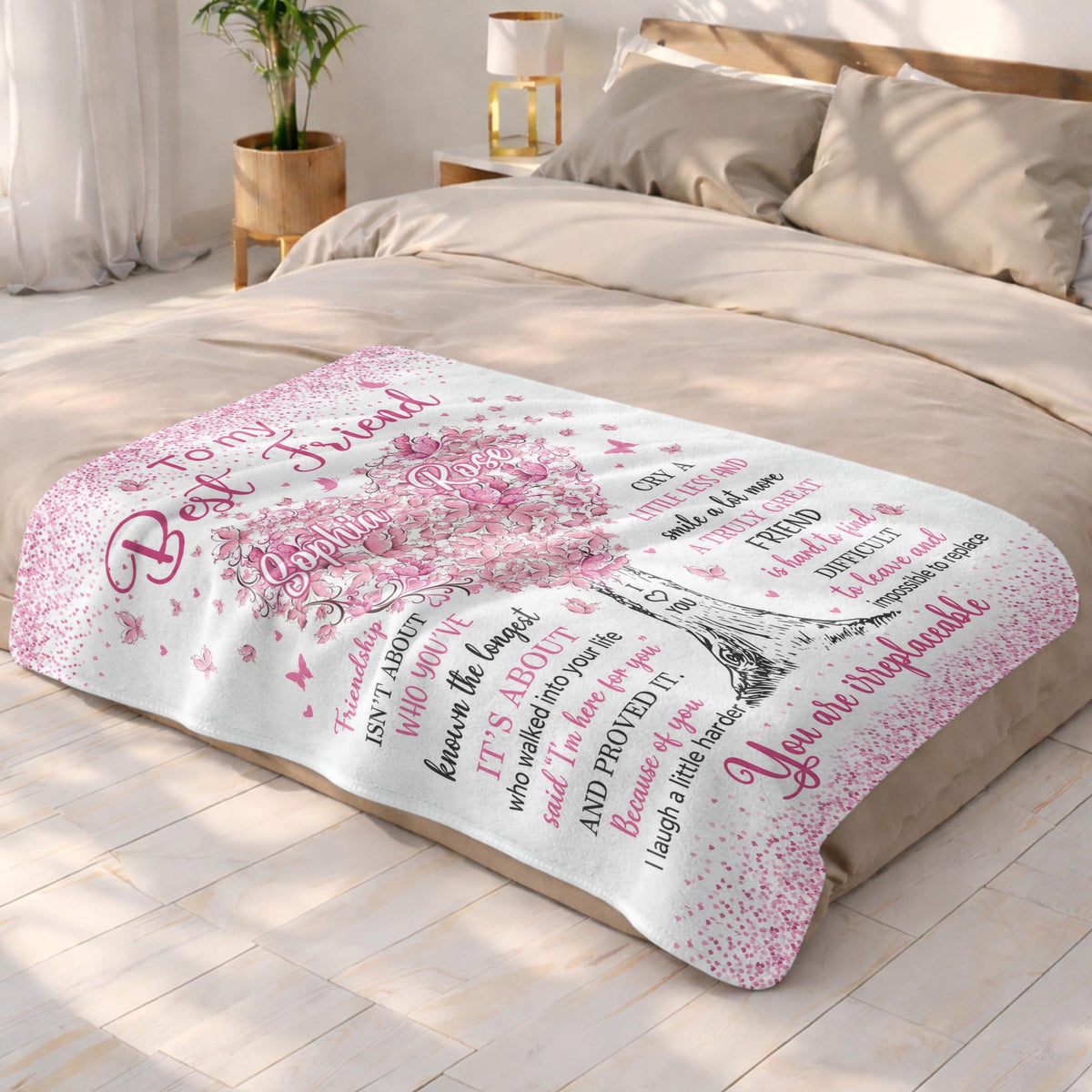 To My Best Friend Irreplaceable Pink Butterfly Heart Tree - Personalized Custom Blanket - BST965_BLK