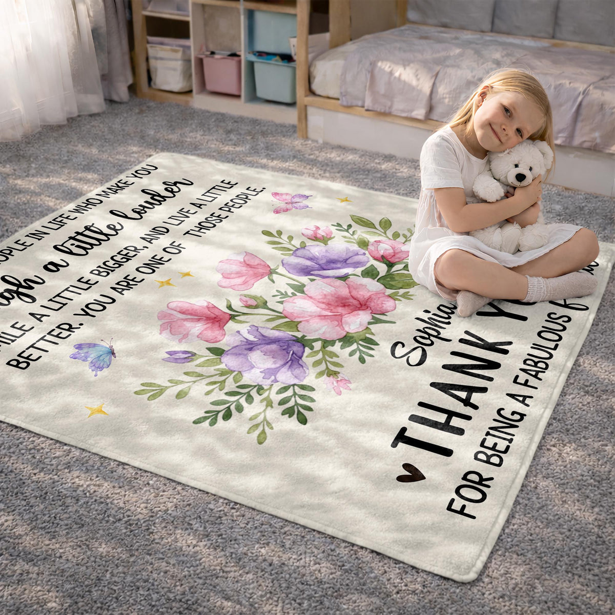Laugh A Little Louder Smile A Little Bigger Floral Butterfly Thank You Friend - Personalized Custom Blanket - BST966_BLK