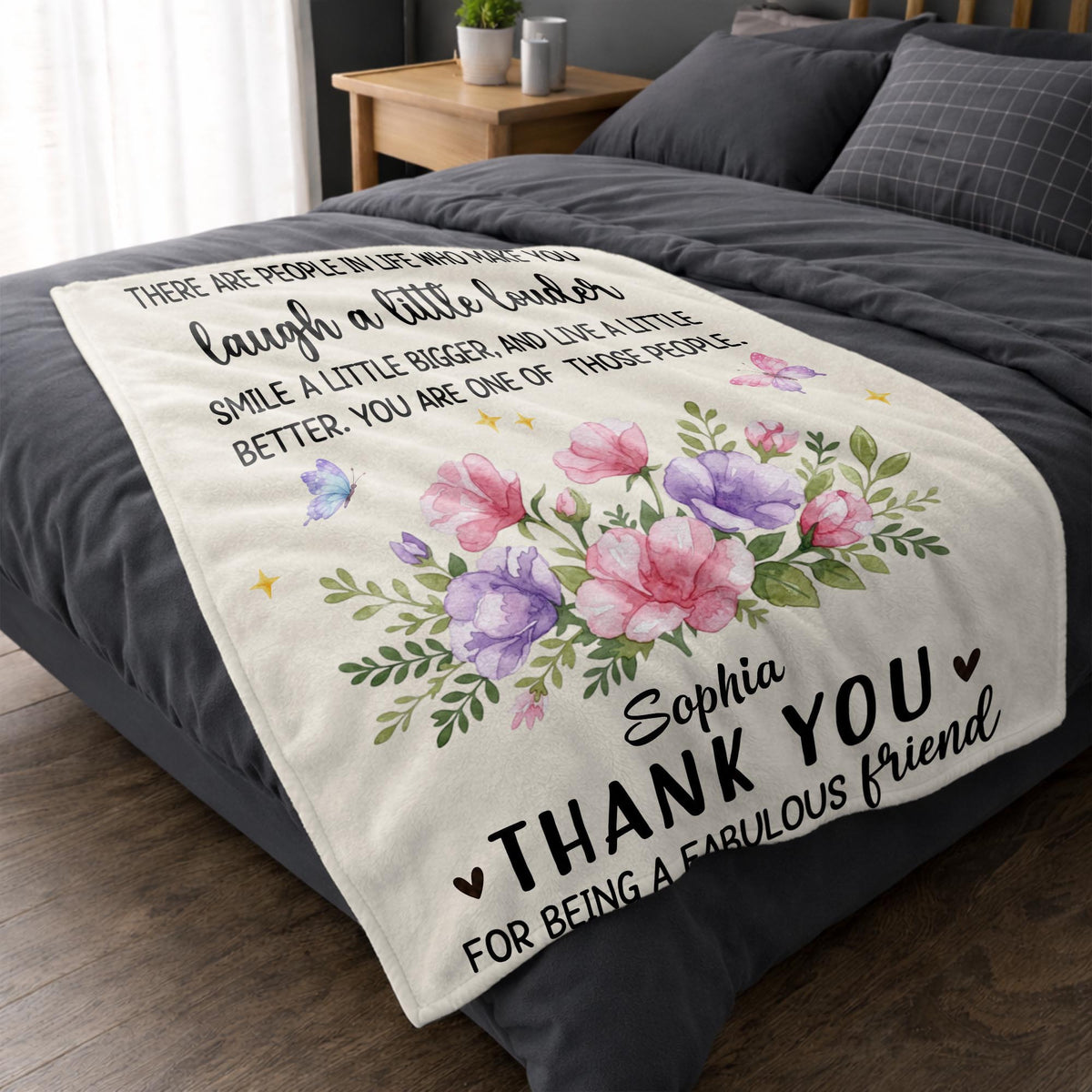 Laugh A Little Louder Smile A Little Bigger Floral Butterfly Thank You Friend - Personalized Custom Blanket - BST966_BLK