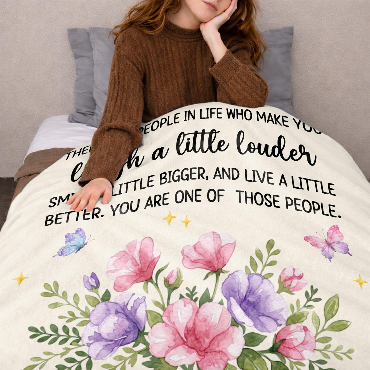 Laugh A Little Louder Smile A Little Bigger Floral Butterfly Thank You Friend - Personalized Custom Blanket - BST966_BLK