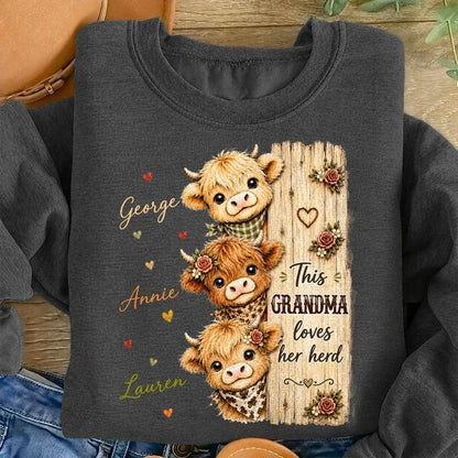 Custom Grandma Sweatshirt with Highland Cow Herd T-Shirt