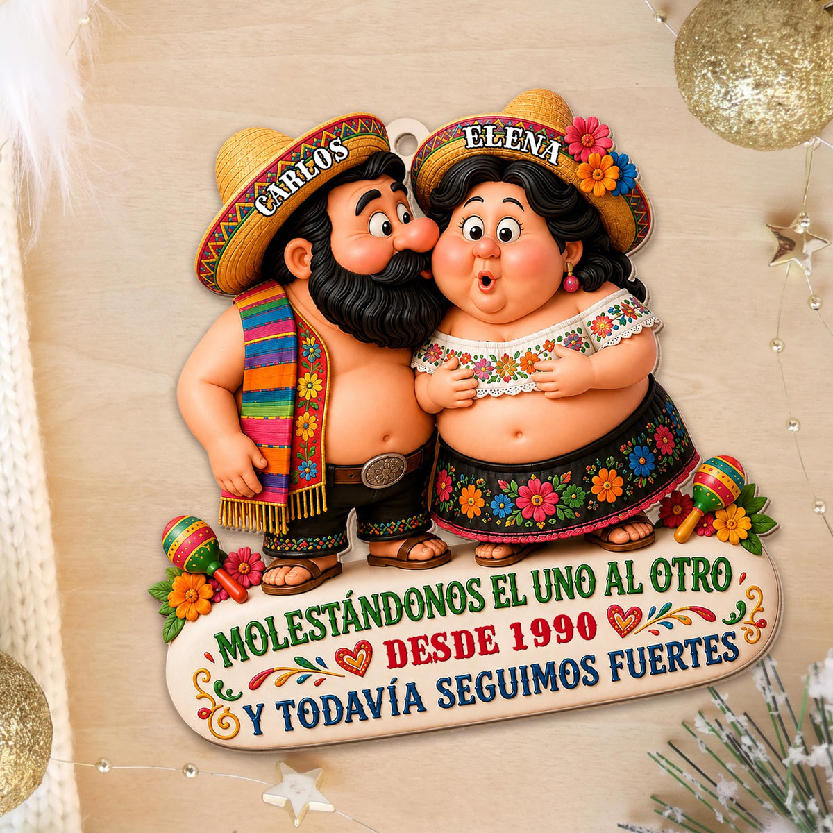 Personalized Hispanic Couple Sombreros Maracas Wood Ornament