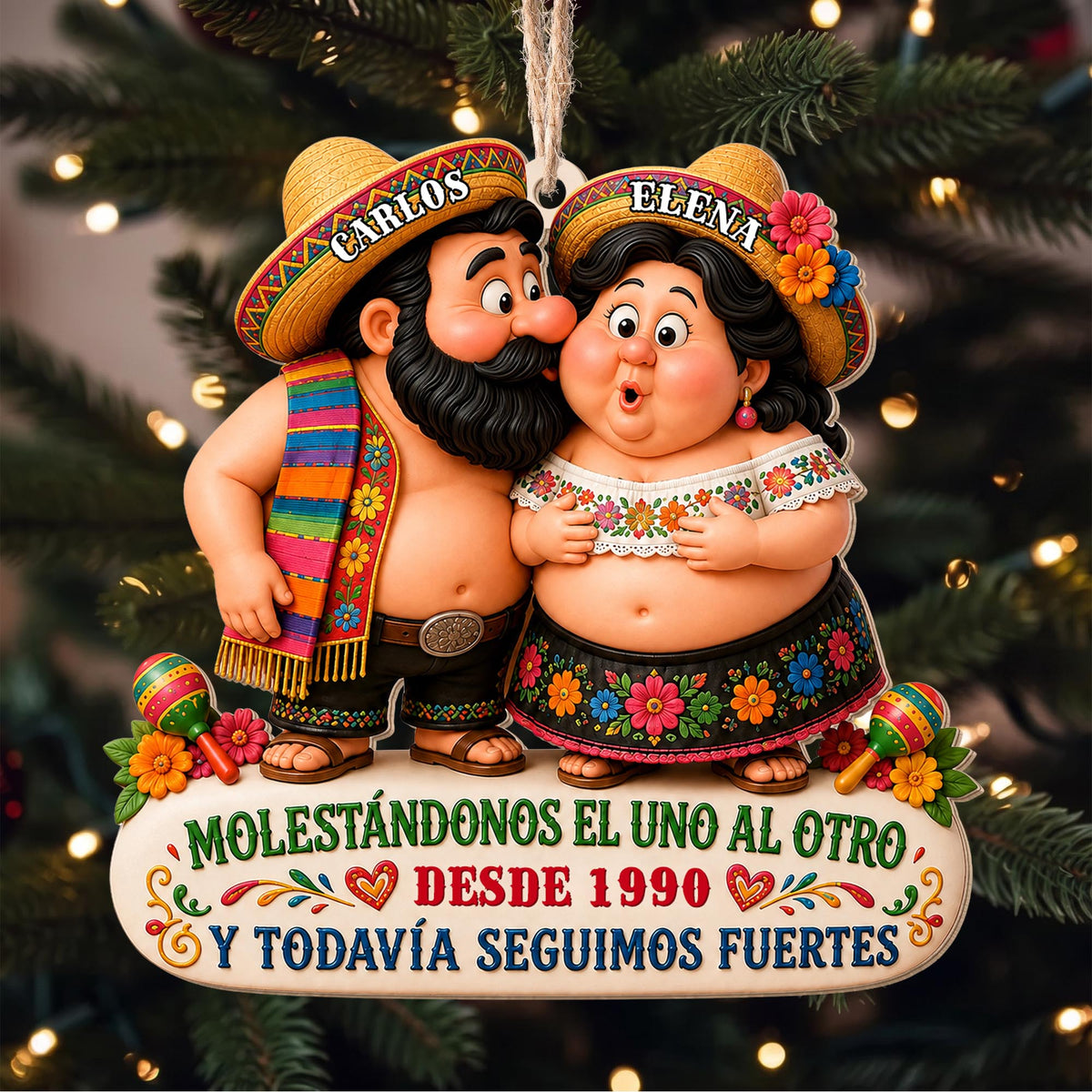 Personalized Hispanic Couple Sombreros Maracas Wood Ornament