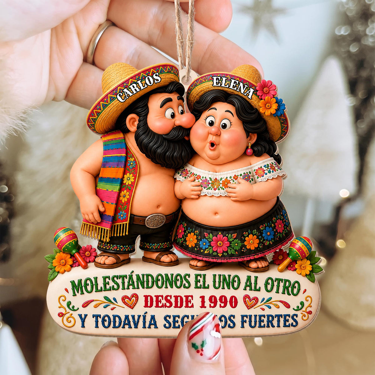 Personalized Hispanic Couple Sombreros Maracas Wood Ornament