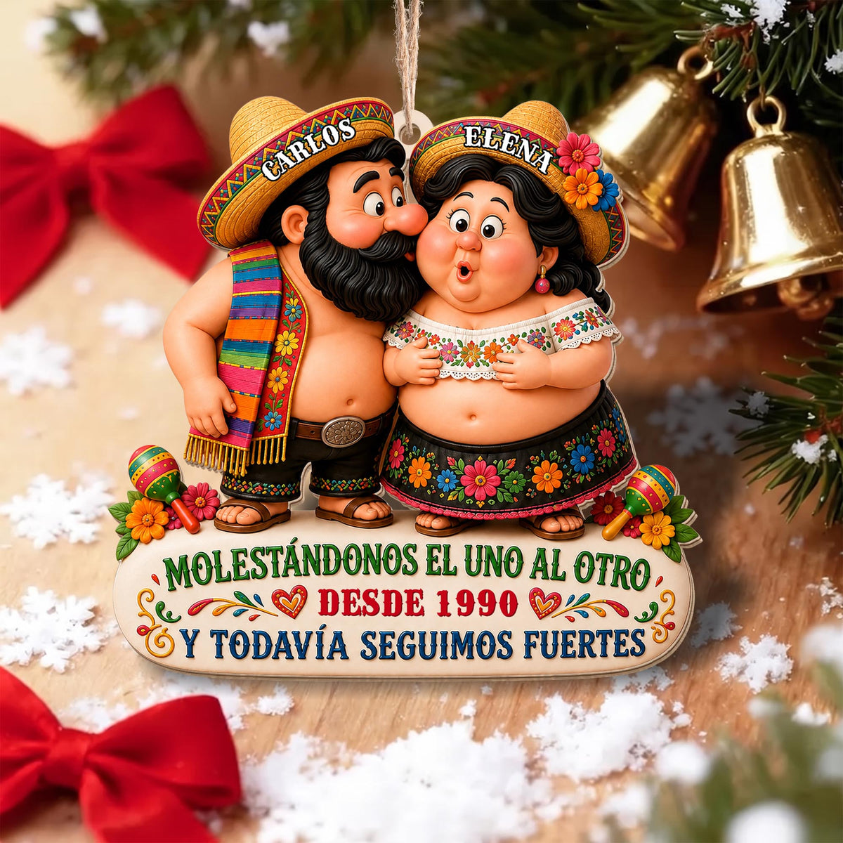 Personalized Hispanic Couple Sombreros Maracas Wood Ornament