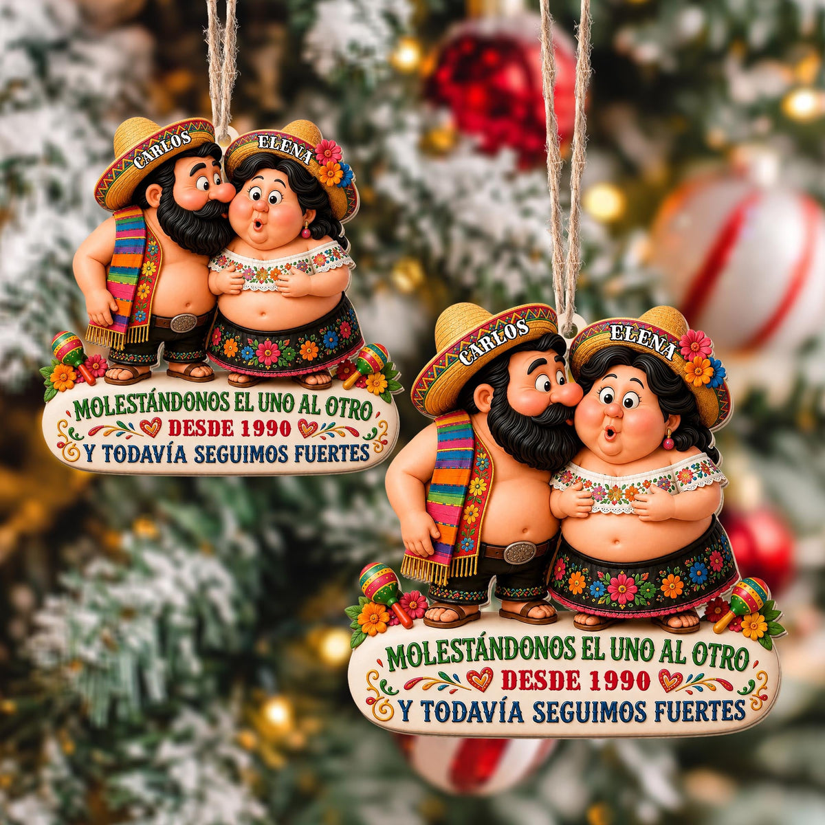 Personalized Hispanic Couple Sombreros Maracas Wood Ornament