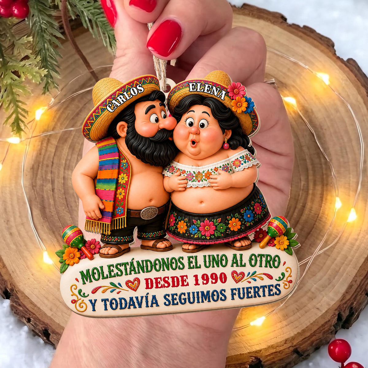 Personalized Hispanic Couple Sombreros Maracas Wood Ornament