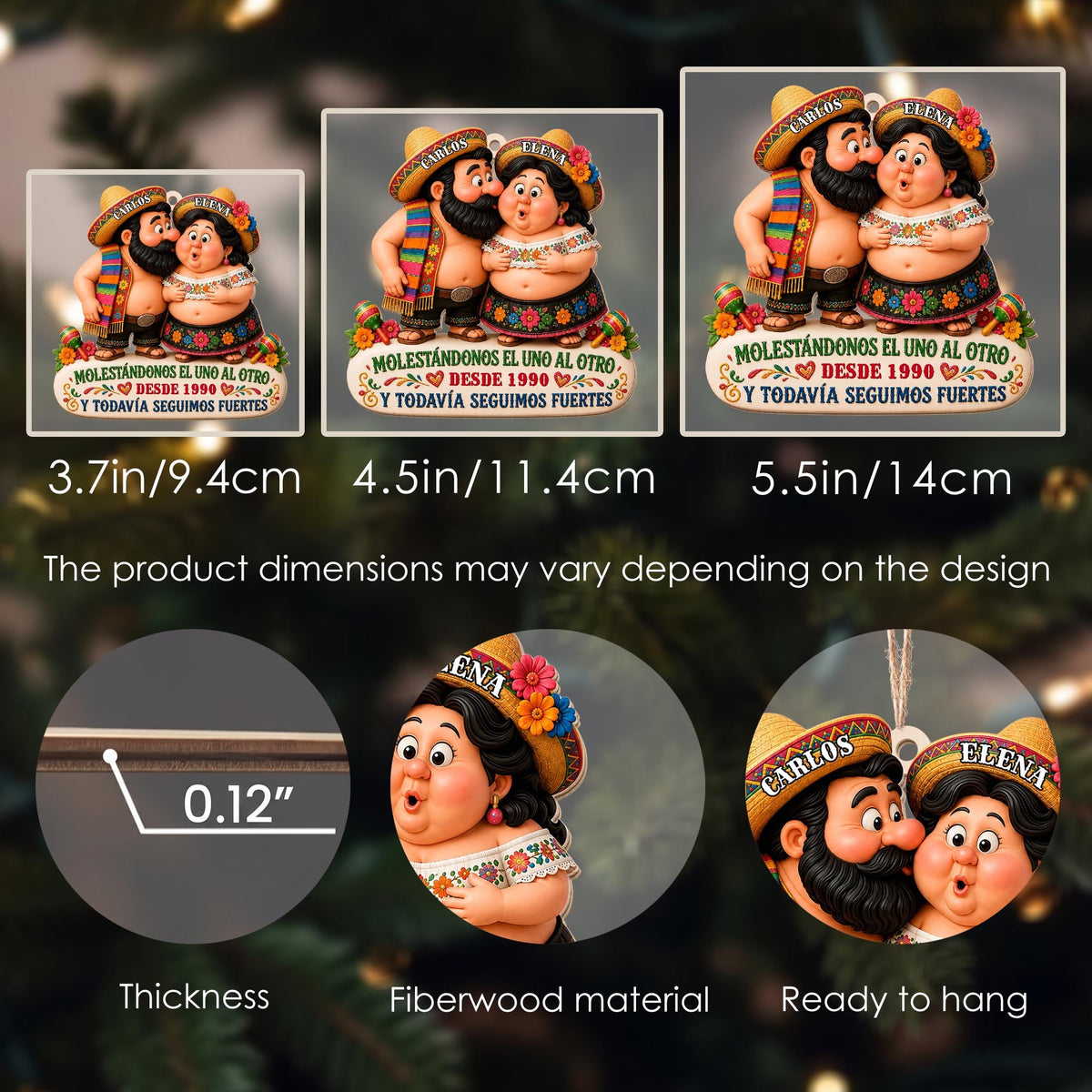 Personalized Hispanic Couple Sombreros Maracas Wood Ornament