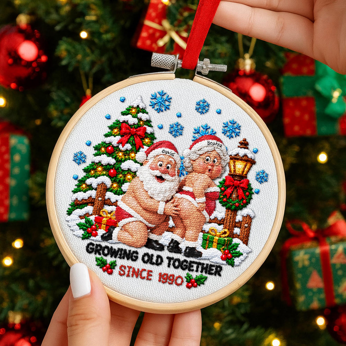 Growing Old Together Funny Santa Claus And Mrs Claus Couple - Personalized Embroidered Ornament - CPL1998_EMBO