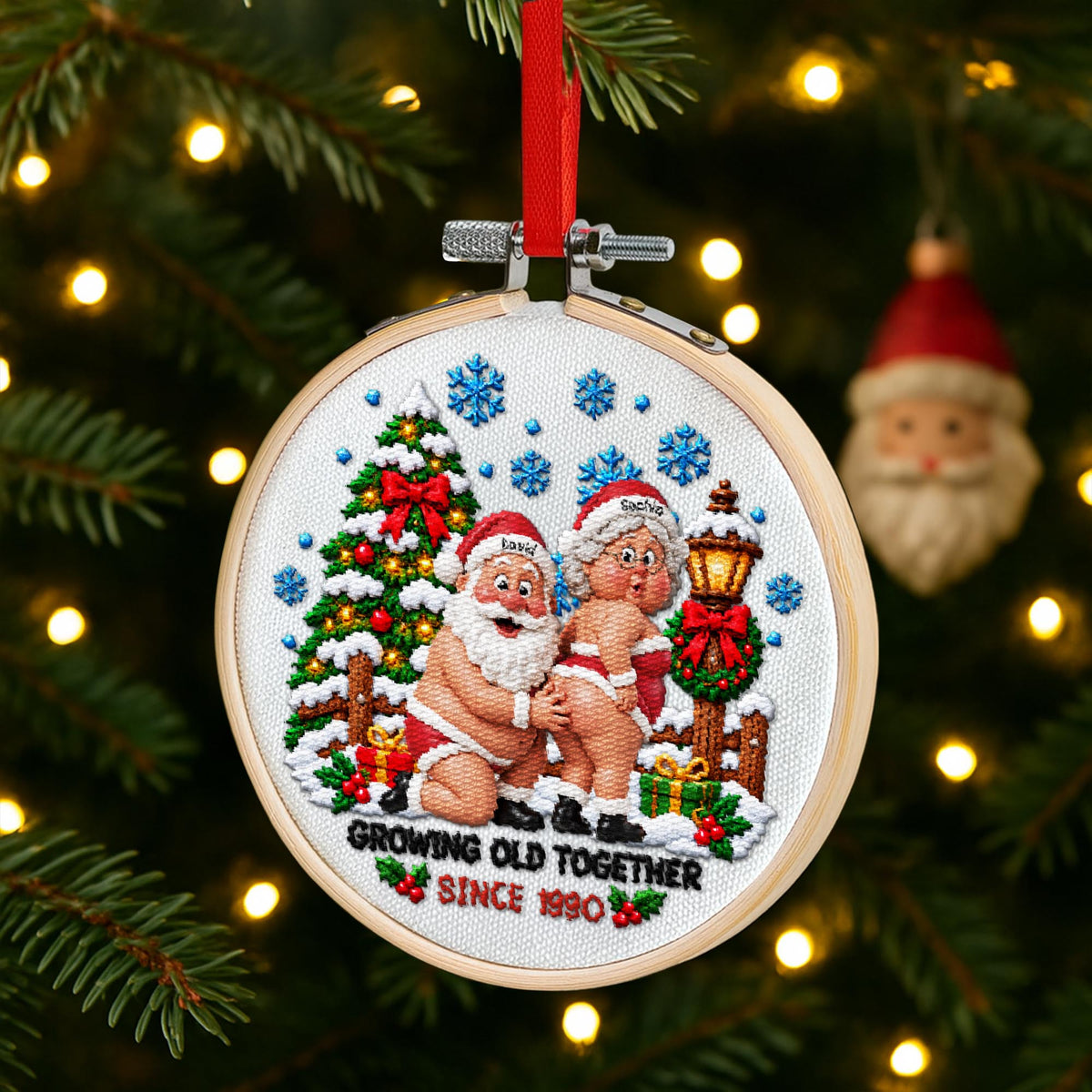 Growing Old Together Funny Santa Claus And Mrs Claus Couple - Personalized Embroidered Ornament - CPL1998_EMBO