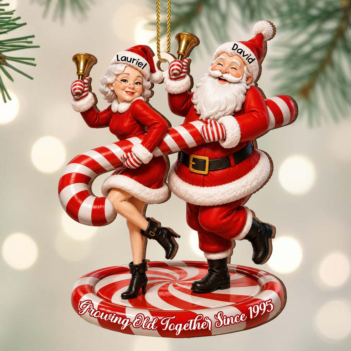 Growing Old Together Since Santa And Mrs Claus With Candy Cane - Personalized Custom Wood Ornament, Custom Shaped - CPL2036_WDO