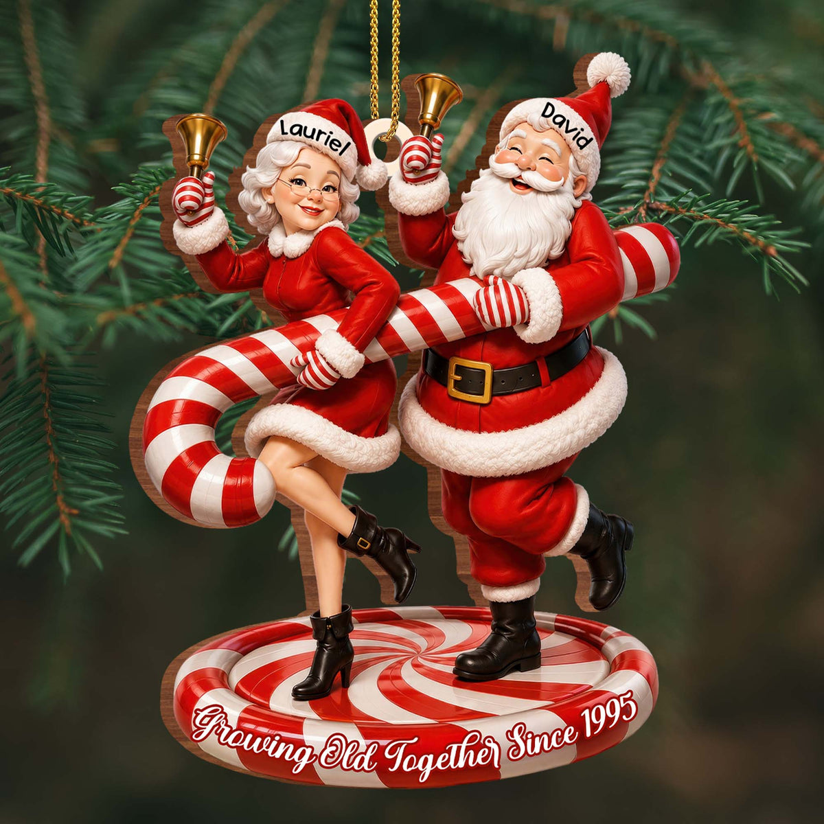 Growing Old Together Since Santa And Mrs Claus With Candy Cane - Personalized Custom Wood Ornament, Custom Shaped - CPL2036_WDO