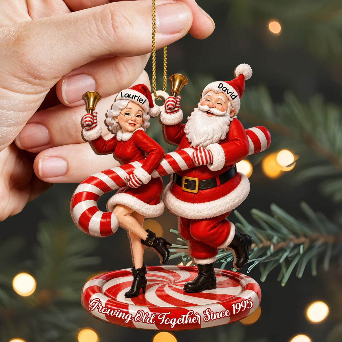 Growing Old Together Since Santa And Mrs Claus With Candy Cane - Personalized Custom Wood Ornament, Custom Shaped - CPL2036_WDO