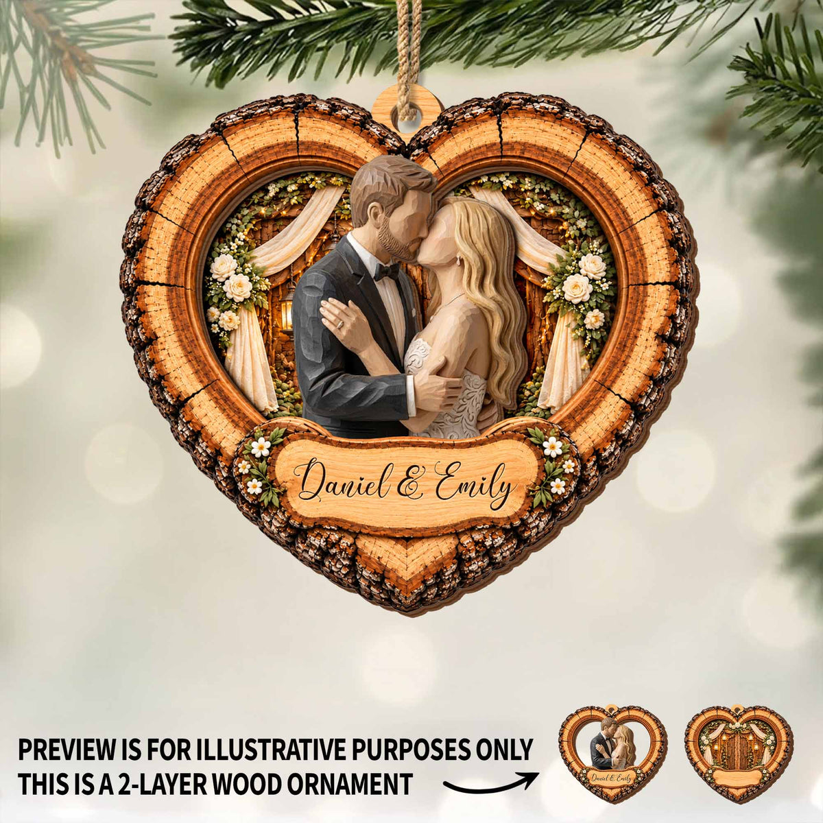 Personalized Our Wedding Day Lifetime Heart Couple Wood Ornament