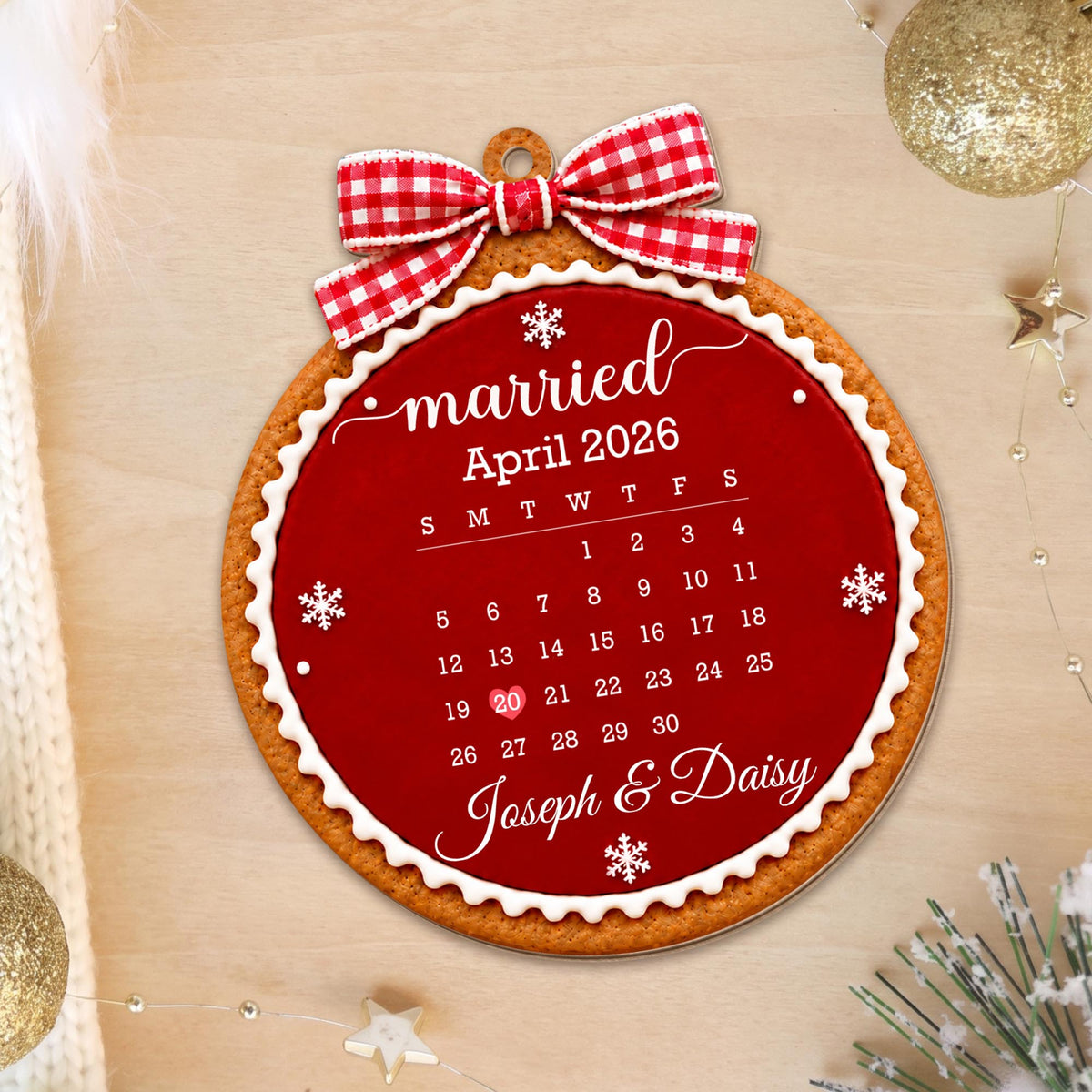 Married Custom Calendar Gingerbread With Red Bow And Snowflakes - Personalized Custom Wood Ornament, Custom Shaped - CPL2232_WDO