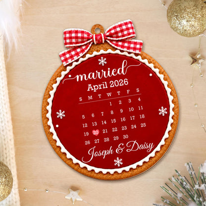 Married Custom Calendar Gingerbread With Red Bow And Snowflakes - Personalized Custom Wood Ornament, Custom Shaped - CPL2232_WDO