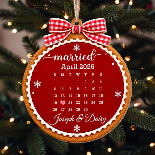 Married Custom Calendar Gingerbread With Red Bow And Snowflakes - Personalized Custom Wood Ornament, Custom Shaped - CPL2232_WDO