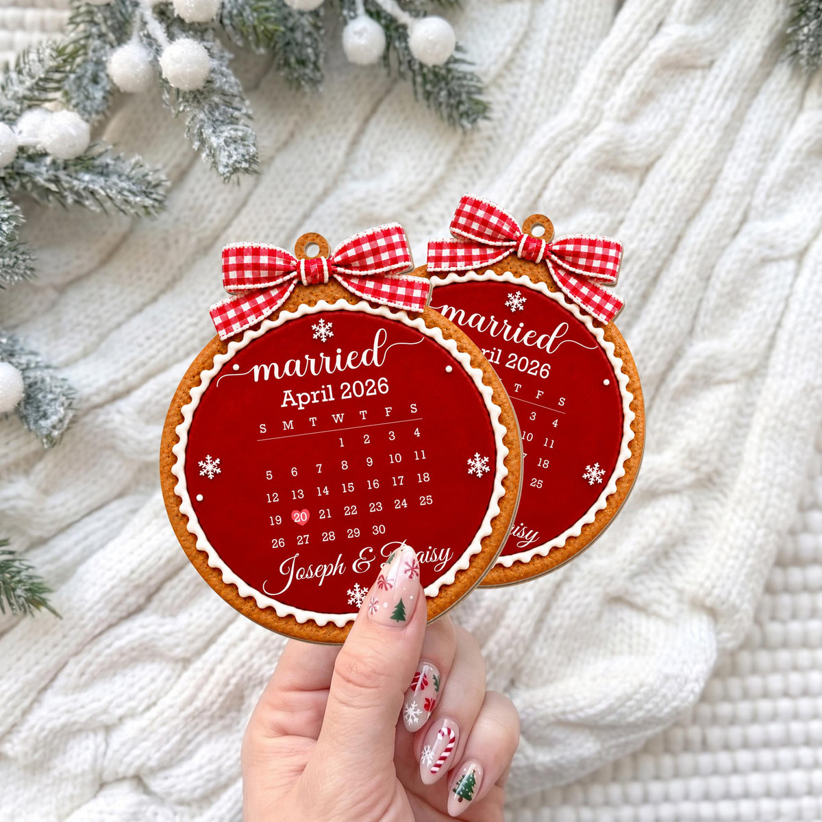 Married Custom Calendar Gingerbread With Red Bow And Snowflakes - Personalized Custom Wood Ornament, Custom Shaped - CPL2232_WDO