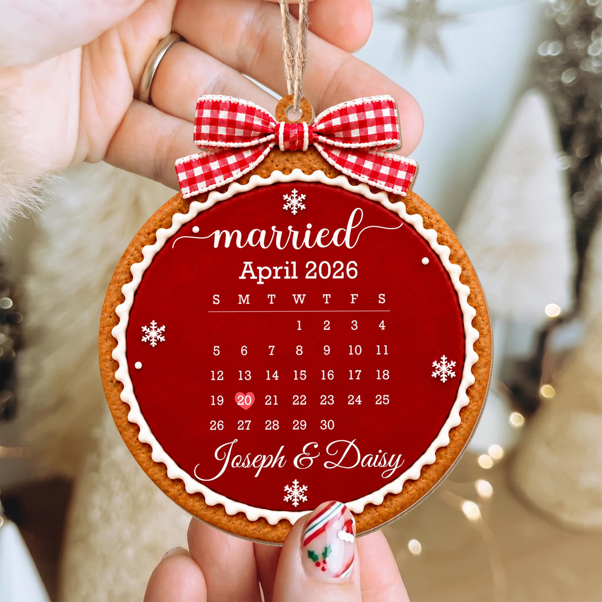 Married Custom Calendar Gingerbread With Red Bow And Snowflakes - Personalized Custom Wood Ornament, Custom Shaped - CPL2232_WDO