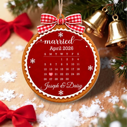 Married Custom Calendar Gingerbread With Red Bow And Snowflakes - Personalized Custom Wood Ornament, Custom Shaped - CPL2232_WDO