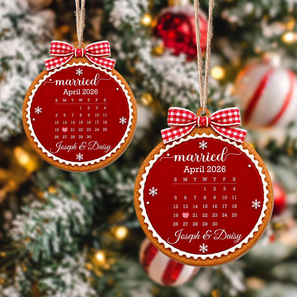 Married Custom Calendar Gingerbread With Red Bow And Snowflakes - Personalized Custom Wood Ornament, Custom Shaped - CPL2232_WDO
